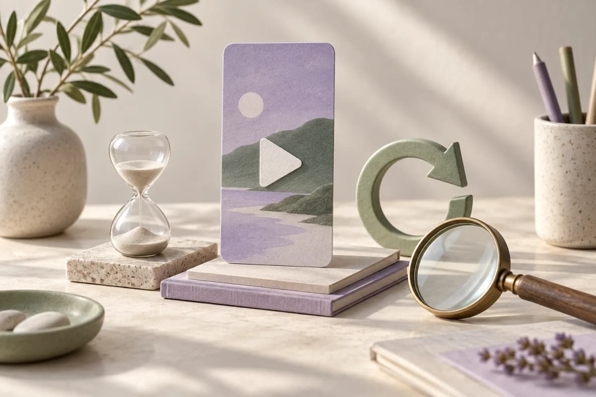 Konceptualna ilustracija videokartice, peščene ure, krožne puščice in povečevalnega stekla.